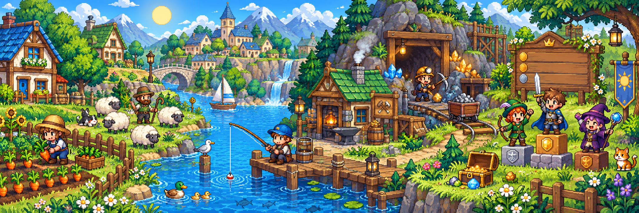 Pixel art farmers, fishers and miners in the survival valley