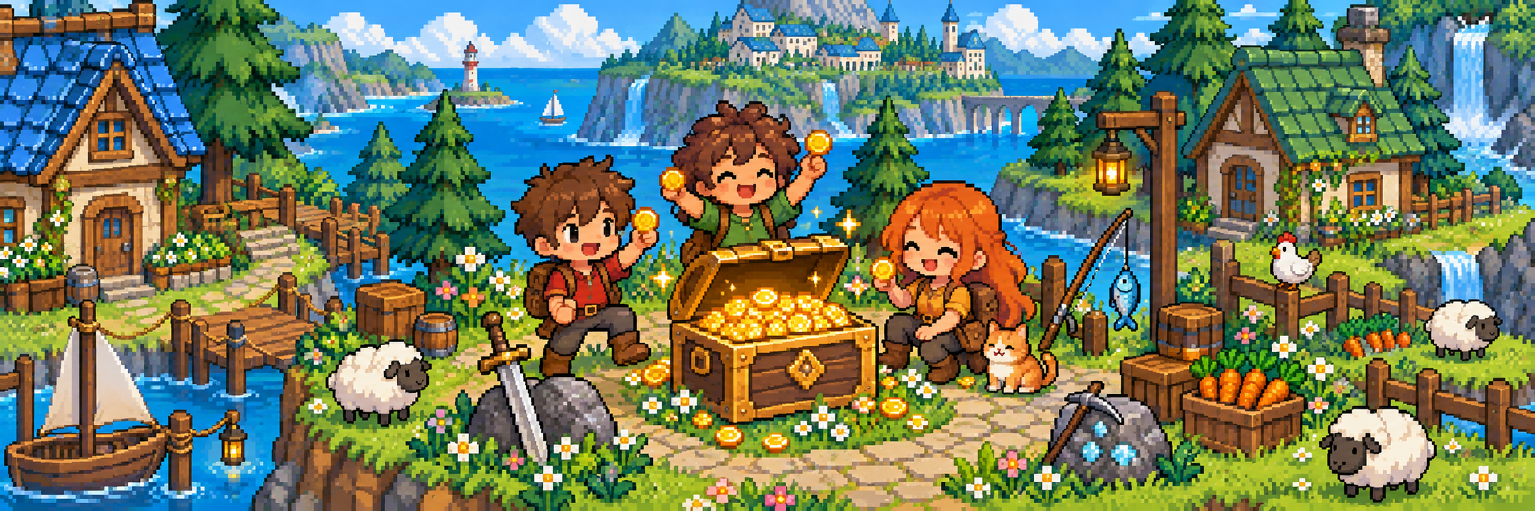 Pixel art adventurers gathered around a treasure chest in a lush village